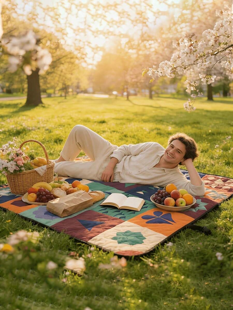 79*79 Inch Foldable Picnic Blanket | Soft Thick Layered Design, Floral Fruit Print, With Carrying Handle, PU Coated Oxford Fabric Material, Machine Washable - Suitable For Beach, Park, Camping, Travel - Multicolor - View 1