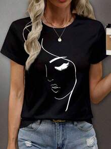 Soft 100% Cotton T-Shirt, 1 Piece.  Plus Size T-Shirts, Crew Neck Graphic Print T-Shirt, Women's Graphic Tees, Breathable Cotton T-Shirt, Goes With Everything, Great. - 黑色 - 查看 6