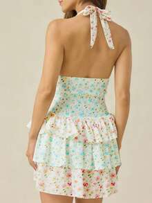 Womens Floral Mini Dress Summer Halter Backless Preppy Smocked Waist Short Ruffle Dress Picnic Beach - 彩色 - 查看 2
