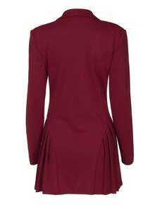 Elegant Short Dress With Blazer Collar And Deep V-Neck In A Solid Color - 酒紅色 - 查看 6