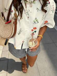 Blusa de manga corta con estampado floral casual de vacaciones para mujer, blanco playa de verano - Blanco - Ver 2