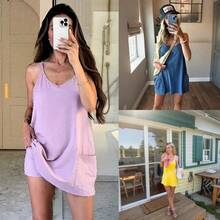 [Free Shiping] UANEO Women's Summer Sleeveless Mini Dress V Neck Spaghetti Straps Athletic Built-In Shorts Sundress - màu nâu - Xem 4