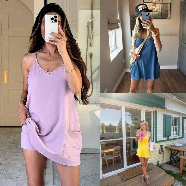 [Free Shiping] UANEO Women's Summer Sleeveless Mini Dress V Neck Spaghetti Straps Athletic Built-In Shorts Sundress - 棕色 - 查看 4