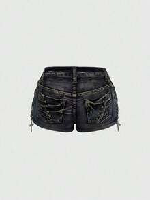 ROMWE Avant Shorts mini de cintura baja con detalles de cruz de metal envejecido y lavado vintage - Negro - Ver 2