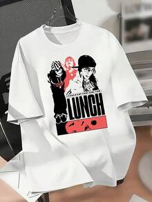 Camiseta Blanca Clásica para Mujer con Gráfico de  y Luigi - Diseño "Lunch", Manga Corta, Cuello Redondo, Estilo Casual, Perfecta para Ropa Informal, Fiestas y Uso Diario, Camiseta para el Día a Día| Diseño Divertido| Camiseta Y2k de ajuste cómodo - Blanco - Ver 1