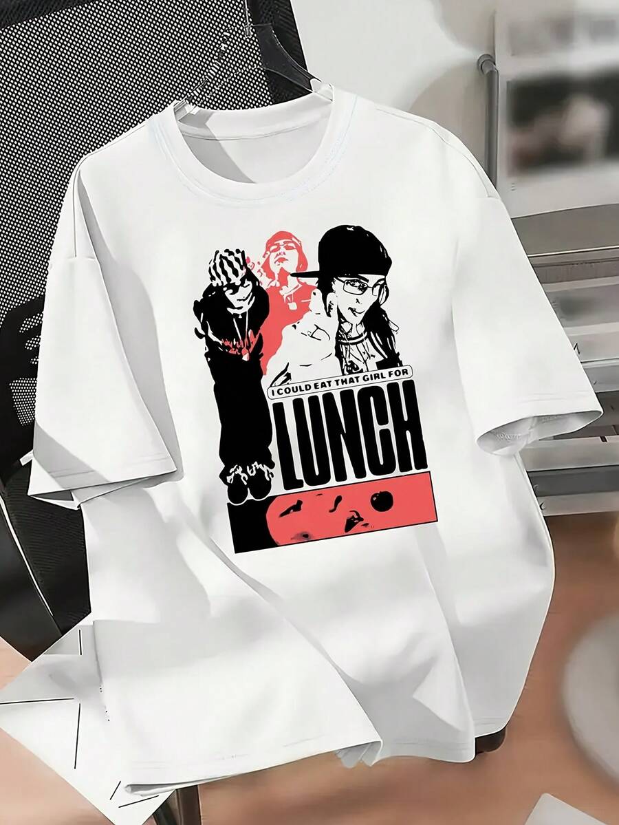 Camiseta Blanca Clásica para Mujer con Gráfico de y Luigi - Diseño "Lunch", Manga Corta, Cuello Redondo, Estilo Casual, Perfecta para Ropa Informal, Fiestas y Uso Diario, Camiseta para el Día a Día| Diseño Divertido| Camiseta Y2k de ajuste cómodo - Blanco - Ver 1