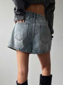 Jeans rectos de cintura baja con banda de cintura elegante para mujer - Azul 2 - Ver 5