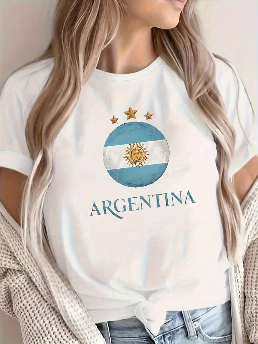 1 camiseta de manga corta para mujer estilo bandera de Argentina - Casual, para todas las estaciones, cómoda y a la moda, ideal para cumpleaños y festivales, esencial para el vestuario diario, camiseta de uso cotidiano.| Diseño Patriótico| Ajuste Cómodo, Camiseta Y2k Regalos de Argentina - Blanco - Ver 1