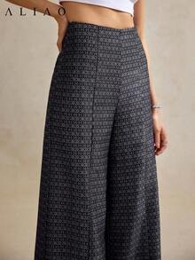 Pantalones anchos de pierna ancha de estilo palaciego bohemio vintage, de alta gama, de jacquard azul marino lavado, para mujer, adecuados para volver a la escuela, Año Nuevo, fiestas, uso diario y vacaciones - Negro - Ver 2