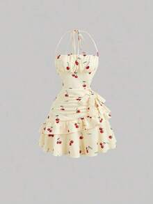 Vestido con estampado floral, cuello halter y bajo asimétrico con adornos - Multicolor 3 - Ver 1