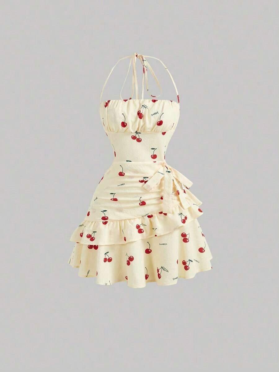 Vestido con estampado floral, cuello halter y bajo asimétrico con adornos - Multicolor 3 - Ver 1
