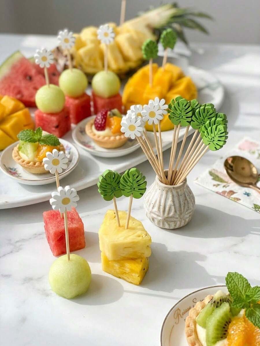 10/20/50/100入 混裝雛菊與熱帶海龜竹葉前菜/三明治/水果叉,雛菊與龜背葉裝飾水果串,雞尾酒叉,適用於派對甜點沙拉、生日、婚禮、夜店、水果、杯子蛋糕、漢堡、燒烤零食 - 彩色 - 查看 1