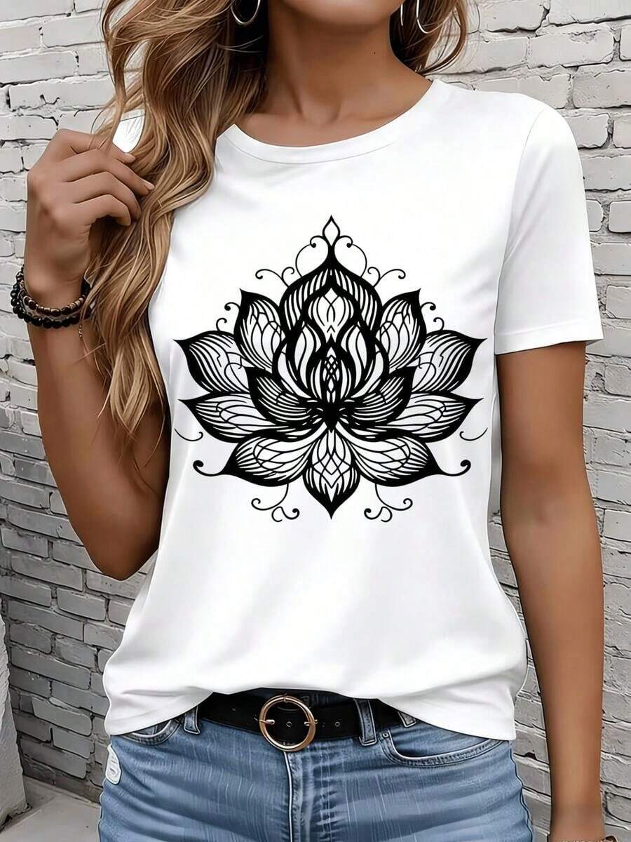 Women's Short-Sleeved T-Shirts In Black And White Are Suitable For Everyday Wear, Lounging At Home, And Outdoor Activities. Women's Lotus Flower Mandala Print T-Shirt, Boho Style, Graphic Tee, Yoga Top, Casual Wear, Holiday Party Gift. - 白色 - 查看 1