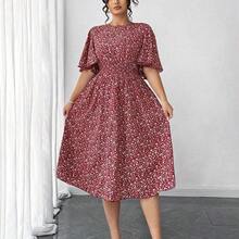 Elenzya Plus Size Women Ditsy Floral Round Neck Ruffle Sleeve Waist A-Line Midi Dress, Elegant Outdoor Wear - Verde - Ver 6