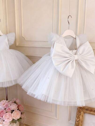 Baby Girls' White Cap Sleeve Bow Beaded Mesh Elegant Party Dress, Princess Dress Suitable For Girls, 1st Birthday, Party, Banquet, Wedding Flower Girl, Holiday Celebration