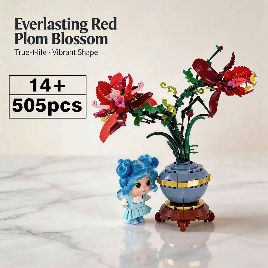 1 conjunto de 505 peças de blocos de montar em formato de flor de íris vermelha, planta em vaso, brinquedo de montagem de flor eterna, decoração criativa DIY, presente para o Dia dos Namorados/Aniversário, decoração para casa, acessório de mesa, brinquedo de quebra-cabeça antiestresse - Multicolorido - Ver 1