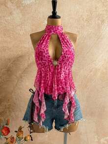 Blusa de mujer con encaje bordado, escote halter, espalda descubierta, tirantes con lazo, bajo fluido y elegante, adecuada para la playa, cruceros y resorts - Rosa Fucsia - Ver 7