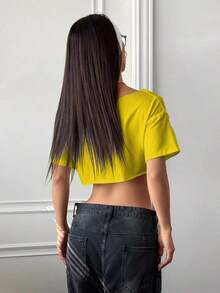 Top corto asimétrico de mujer con cuello blanco y flecos, camiseta de manga corta de moda versátil Y2K oversize y sexy, para primavera/verano - Amarillo claro - Ver 2