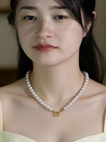 1件仿珍珠串珠项链，OT扣，优雅可爱浪漫风格，适合女孩日常佩戴、派对、约会、感恩节、圣诞节等场合作为礼物。 - 白色 - 查看 1