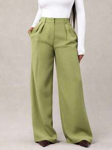 Pantalones anchos de pierna ancha de color café oscuro de moda minimalista para mujeres, pantalones de tela marrón de pierna ancha para el trabajo, pantalones de tiro alto de pierna ancha marrón para mujeres, pantalones de traje marrón para otoño/invierno - Verde - Ver 5