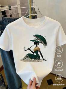 Camisetas estampadas creativas, tops para mujer, diseño de 2026, tejido cómodo y suave, informal y versátil, diseño sencillo combinado con un estampado creativo, rico e interesante, ideal para regalar a amigos y familiares, envío local, ¡entrega rápida! - Blanco - Ver 1
