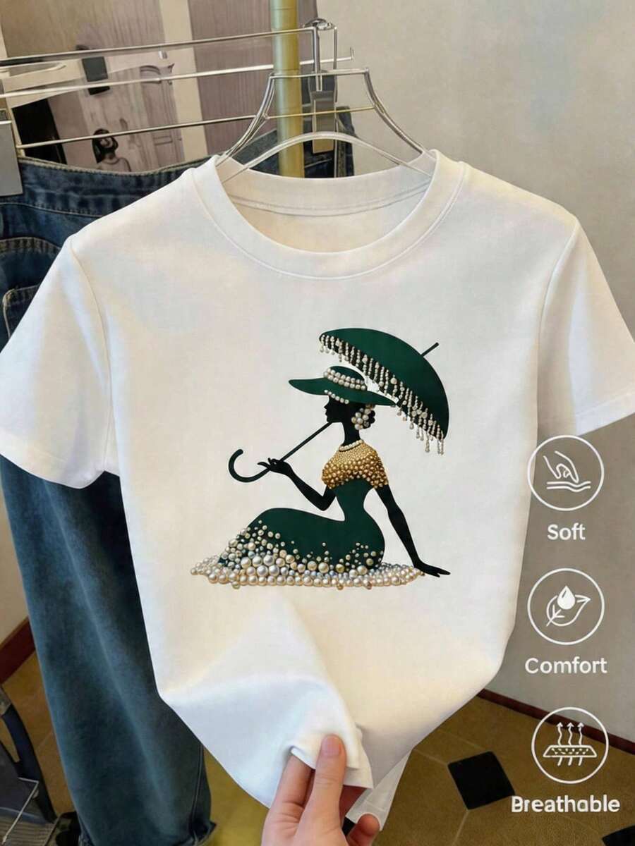 Camisetas estampadas creativas, tops para mujer, diseño de 2026, tejido cómodo y suave, informal y versátil, diseño sencillo combinado con un estampado creativo, rico e interesante, ideal para regalar a amigos y familiares, envío local, ¡entrega rápida! - Blanco - Ver 1