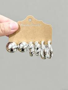 6-18pcs Silver-Tone Earring Set For Women, Includes Rose Flower, Geometric Shapes, Textured Designs, Suitable For Pairing With Various Styles - Silver - View 6