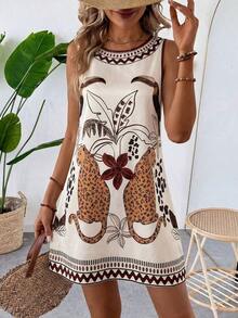 Vestido casual de verano para vacaciones en la playa, de algodón y lino con textura, color albaricoque, sin mangas y corte recto para mujeres - Multicolor - Ver 8