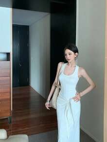 Women's Halter Neck Dress, Dark Greyish Green, Knit Design With Knot At The Waist And Decorative Ribbons, Fitted Stretch Fabric, Modern Elegant Style, Ideal For Everyday Wear. - 白色 - 查看 11