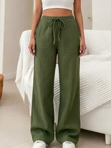 Women's Linen Palazzo Pants, Adjustable Waist With Drawstring, Side Pockets, Casual And Breathable For Vacations - 墨綠色 - 查看 5