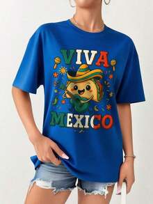 GiftPlayera Para Mujer,5 De Mayo Taco, Viva México - Camiseta Gráfica para Mujer, Cuello Redondo Casual, Manga Corta, Mezcla de Poliéster Suave, Diseño Festivo de la Bandera Mexicana con Sombrero y Guitarra, Ideal para Verano y Vacaciones, Estampado Cultural, Acao Brillante, Regalo DivertidoSoft - azul real - Ver 6