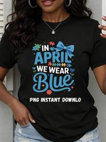 Camiseta de cuello redondo para mujer, con estampado de piezas de rompecabezas azules y lazo, manga corta, para el Mes de Concientización sobre el Autismo. - Negro - Ver 1
