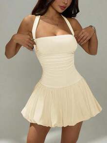 Vestido informal corto de unicolor con cuello de lazo y espalda descubierta para mujer - Amarillo claro - Ver 4