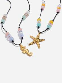 1 pieza Collar con colgante de acero inoxidable con diseño de estrella de mar y caballito de mar, con cadena de cuerda de cuentas de colores, adecuado para usar en vacaciones de verano - Multicolor - Ver 3