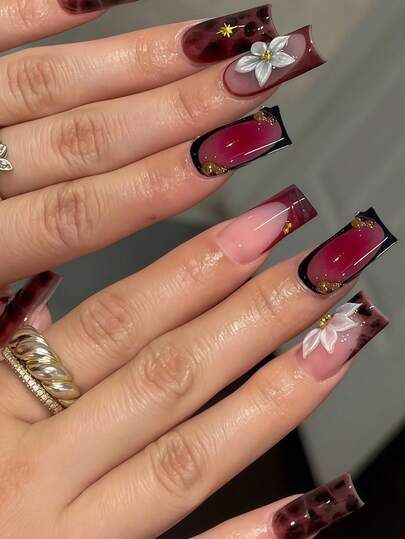Instantly Upgrade Your Look With 24pcs Medium Square Shape Press On False Nails Fancy Vintage Y2K Style Black Brown Color Blocking Tortoiseshell Texture 3D Ripple French High End Red Brown Gradient Press On Nails Gentle And Elegant Cream White Flowers Cute Burgundy Cherry Patterns Luxurious Metallic Beads Hexagram Design Cheetah Print False Nails Full Coverage Fake Nail Tips For Women And Girls Includes 1sheet Adhesive Tabs & 1pc Mini Fils Strip Jelly Gel Random Shipment