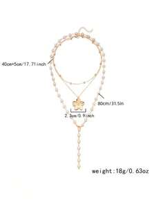 2pcs/Set Vintage Bohemian Style Metal Faux Pearl Flower Pendant Tassel Necklace Set, Y-Shaped Chain, Suitable For Daily Wear And Beach Vacation (Slight Variation In Flower Design, Please Refer To Actual Product) - Gold - View 3