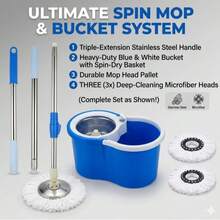 Spin Mop And Bucket With Wringer, Hands-Free Wringing 360° Swivel Head, Self-Standing Bucket With 3 Refills And Long Handle For Hardwood Floor Tile Laminate Cleaning - 藍色的 - 查看 5