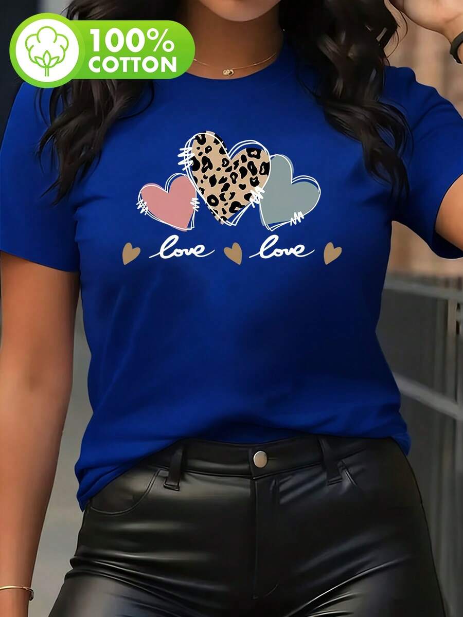 Soft 100% Cotton Women's T-Shirt, Round Neck, Casual, For Summer, Breathable, For Spring/Summer/Autumn (Machine Washable), Suitable For Casual Wear, Women's Short Sleeve T-Shirt With Creative Print, Women's Round Neck T-Shirt, Breathable Cotton T-Shirt, Matches Everything. - 藍色 - 查看 1