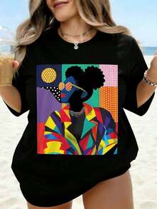 1 pieza Camiseta Negra con Estampado Artístico Abstracto de Mujer Colorida para Mujer, Ropa de Playa, Top de Moda, Atuendo de Verano, Ropa Casual, 180g 100% Algodón - Negro - Ver 7