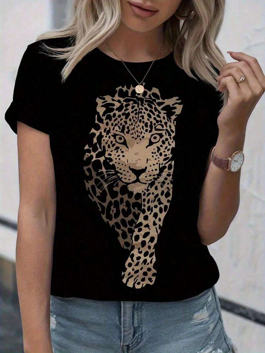 Camiseta de manga corta para mujer con estampado geométrico de leopardo 100% - Corte holgado, cuello redondo, manga corta, con tela ligera de 180g, adecuada para uso casual en primavera y verano, conjuntos diarios y para usar en capas - Camiseta lavable a máquina. - Negro - Ver 1