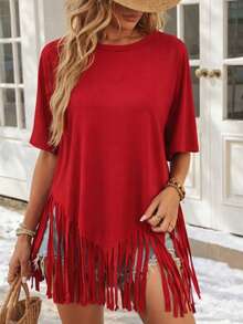 Women's Solid Color Round Neck Short Sleeve Casual Loose Shirt With Fringe Hem - Red - View 1