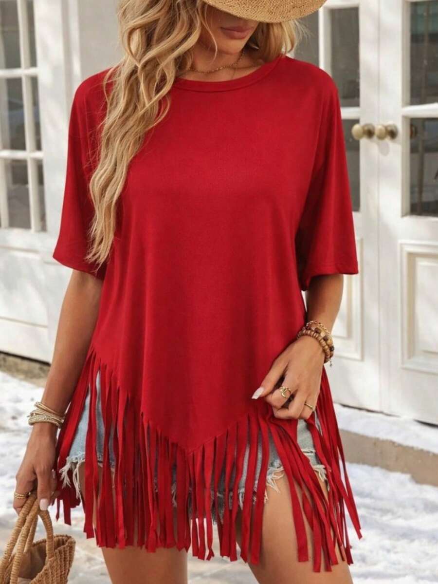 Women's Solid Color Round Neck Short Sleeve Casual Loose Shirt With Fringe Hem - Red - View 1