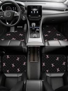 4pcs Pink Bow Car Floor Mats Set - Durable Polyester Material, Easy To Clean, Front & Rear Seat Protection, All-Weather Use, Fit For Trucks, Sedans And SUVs, Perfect Gift - A - View 2