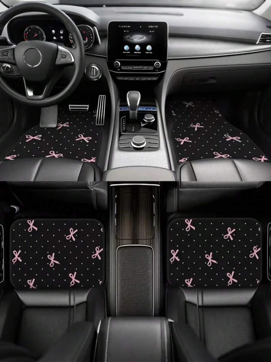 4pcs Pink Bow Car Floor Mats Set - Durable Polyester Material, Easy To Clean, Front & Rear Seat Protection, All-Weather Use, Fit For Trucks, Sedans And SUVs, Perfect Gift