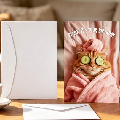 Tarjeta de cumpleaños divertida de gato de spa con sobre blanco, "Relájate, es tu cumpleaños" Tarjeta de felicitación humorística para amantes de los gatos, linda tarjeta de cumpleaños de autocuidado de gatito