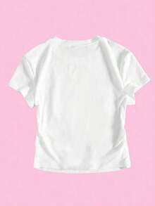 Camiseta corta de verano de mujer con estampado de flor de hibisco, estilo Y2K con abdomen descubierto, de manga corta, blanca, tipo baby camiseta - Blanco 3 - Ver 2
