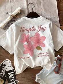 Women's Casual Spring/Summer T-Shirt With Double-Sided Print, Fresh Style With Pink Floral Print, Simple Happiness To Unleash Your Inner Sweetness, Fashionable Short-Sleeve Crew Neck T-Shirt, Perfect For The 4th Of July, World Cup Match Day, Soft And Lightweight, Easy To Match With Any Outfit. Women's 100% Cotton Graphic T-Shirt, Brokey Y2K Style, Crew Neck, Loose Fit. - 白色 - 查看 4