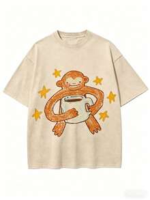 Monkeys Drinking Coffee Printed T-Shirt | High-Quality Batik Retro Fashion Brand, Unisex, Casual Style, Crew Neck, Fla Hem, Short Sleeves, Perfect For Daily Wear And Holiday Gift - 後退 - 查看 7