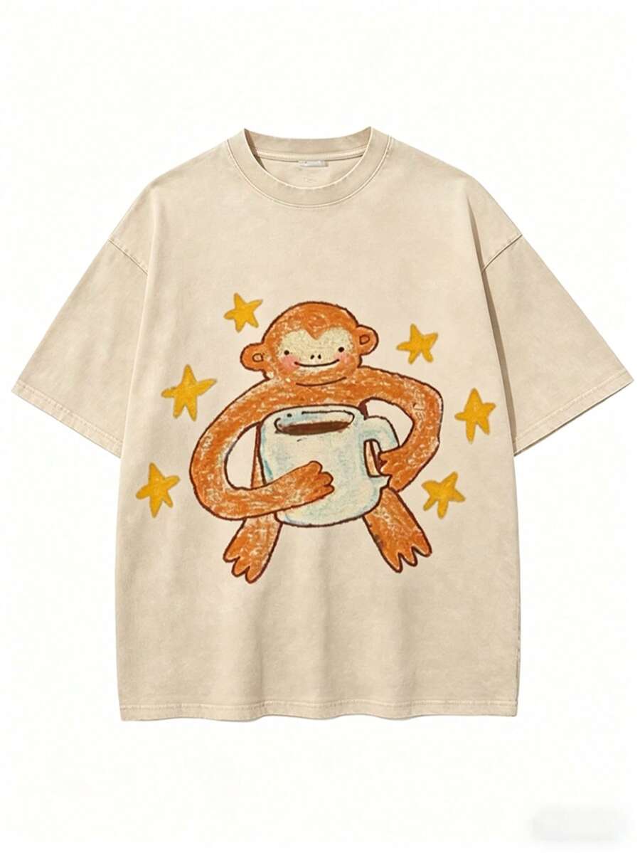 Vintage Washed BlackT-Shirt, Cute Cartoon Monkey With Coffee Cup & Yellow Stars Print Tee,Retro Distressed Oversized Short Sleeve Casual StreetwearTop - 杏色 - 查看 1