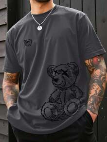 Men's Graphic Sports T‑ShirtManfinity Homme Plus Size Men's Loose Fit Dark Gray T-Shirt, Minimalist Design. Young Men's Street Style Clothing. Bear Print, Teddy Bear Graphic, Comfortable, Modern, Casual, Daily Style, Perfect Street Fashion Item, Also An Excellent Gift For Boyfriend Or Husband. Versatile, Travel Style. Summer Essential / Street Style - Dark Grey - View 6